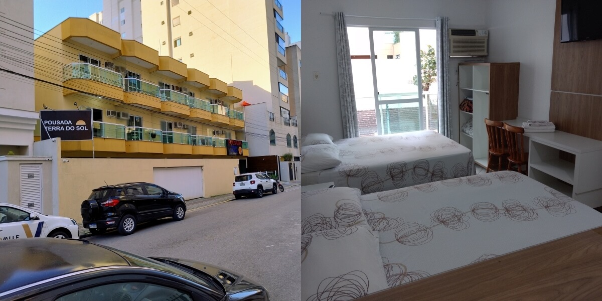 photo montage on the left the facade of the inn on the right the internal view of the Flat type apartment